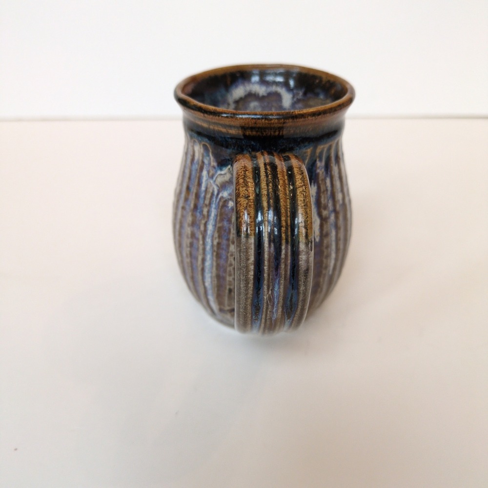 Artisan Handmade Pottery Stoneware Coffee or Tea Mug - Ribbed Blue Gray Brown - Picture 4 of 7